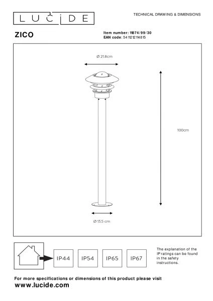 Lucide ZICO - Lanterne / lampadaire exterieur - Ø 21,8 cm - 1xE27 - IP44 - Noir - technique